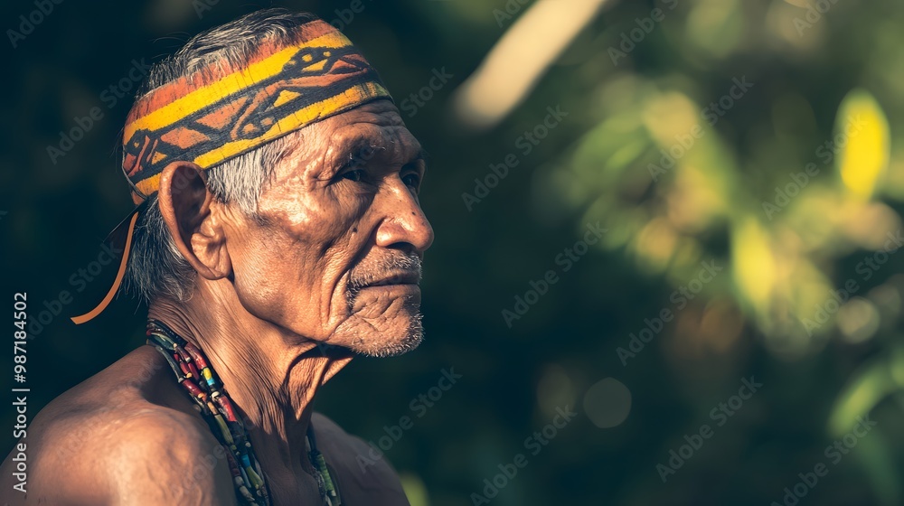 Fototapeta premium An elderly Indigenous man wearing a patterned headband and necklace gazes intently at something off-camera.