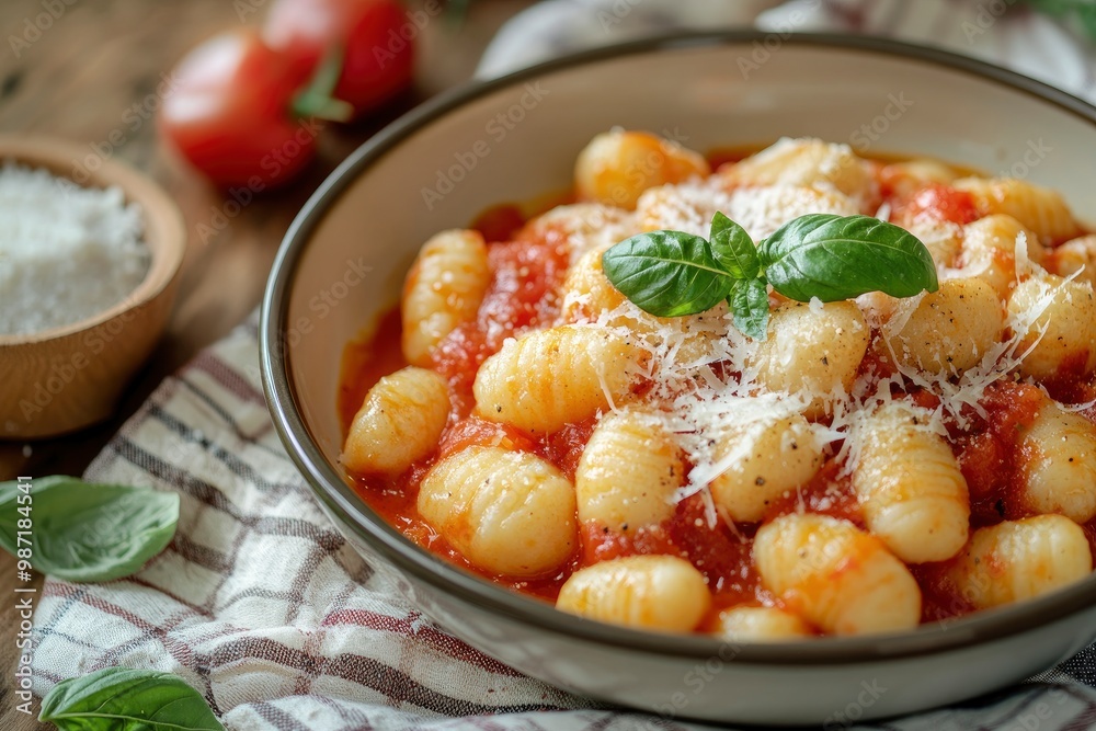 Dish of typical italian potato gnocchi with tomato sauce and cheese, ai Dish of typical italian potato gnocchi with tomato sauce and cheese, ai