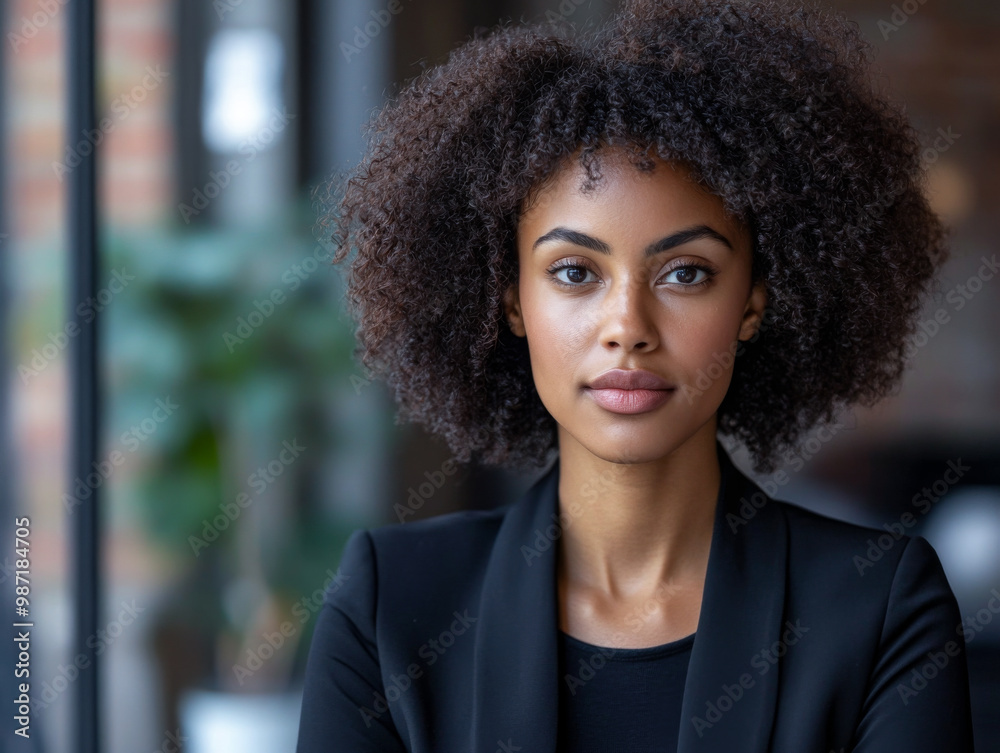 Young professional woman with curly hair poses confidently in a modern office space during daylight Young professional woman with curly hair poses confidently in a modern office space during daylight