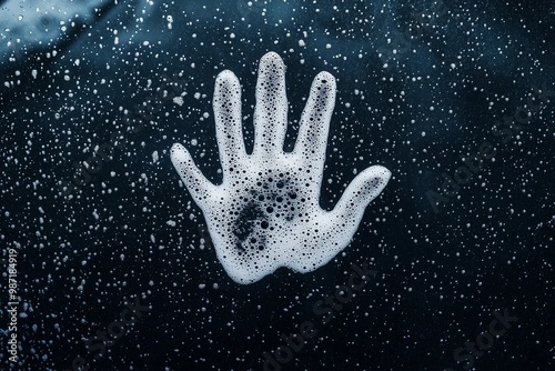 Soapy Handprint on Car Windshield with Foam and Bubbles Forming Around It