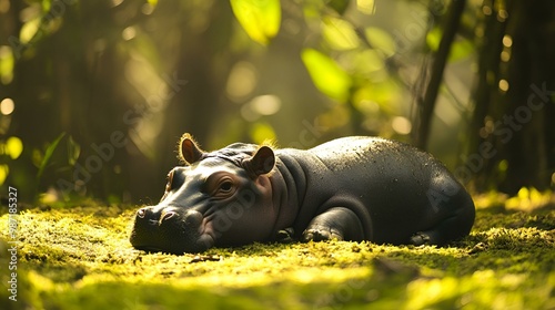 A herd of grazing hippopotamuses, including a black hippo, waddle through the tall grass of a lush green African safari photo