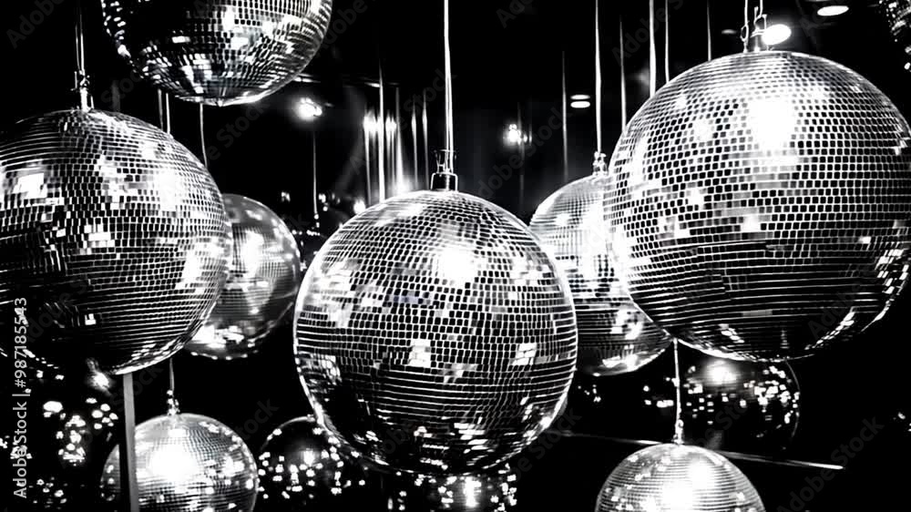 Disco party balls silver in nightclub. Silver mirror disco ball at a party or celebration. Lighting design on the stage of the birthday party in the club. Abstract background of retro disco ball. 4k