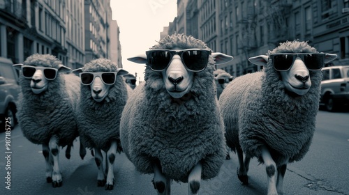 A group of sheep wearing sunglasses and walking in the city. photo