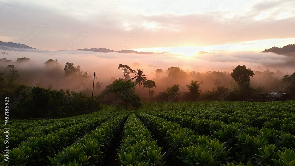 Naklejka premium Tropical Coffee Plantation, Sunrise Coffee Fields, Vibrant Coffee Landscape, Rustic Coffee Huts.jpeg