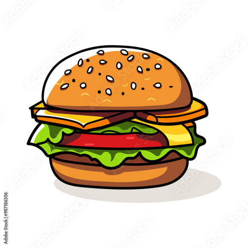 Cartoon Style Illustration Of A Hamburger, A Vector Flat Icon Design In A Simple, Minimalistic