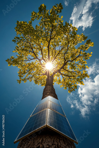 Bright Green Tree with Solar Panels Against Clear Blue Sky Emphasizing Sustainability photo