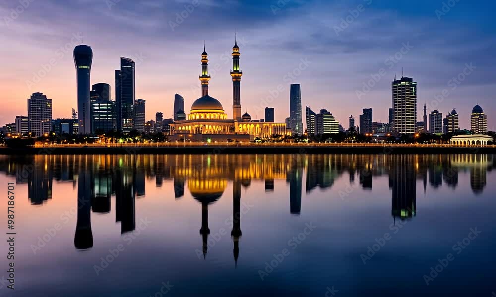 Stunning Cityscape with Mosque and Reflections Stunning Cityscape with Mosque and Reflections