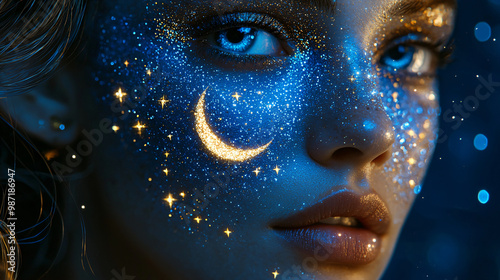 Mystical Starry Night Witch Face with Shimmering Blue Makeup and Celestial Design