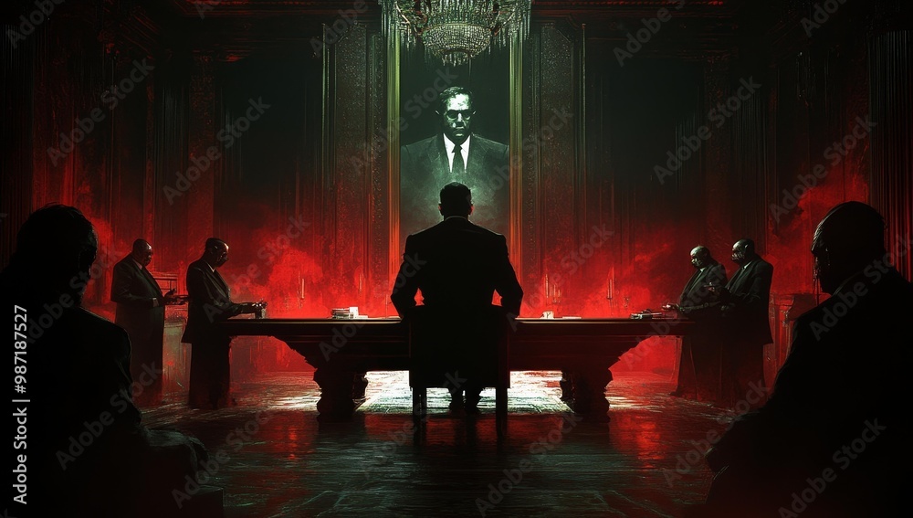 Silhouetted men sit at a table with a portrait behind Silhouetted men sit at a table with a portrait behind