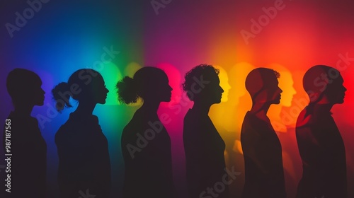 Silhouettes of six diverse individuals in profile, standing against a rainbow gradient background. Representation of inclusion and diversity.