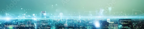 Abstract cityscape and tech industrial web header banner, representing digital transformation in business.