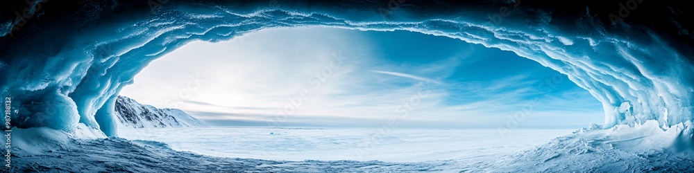 Fototapeta premium Ice Cave View with Bright Blue Ice and Scenic Landscape