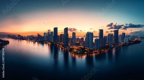 Fototapeta Naklejka Na Ścianę i Meble -  Miami skyline at sunset over water
