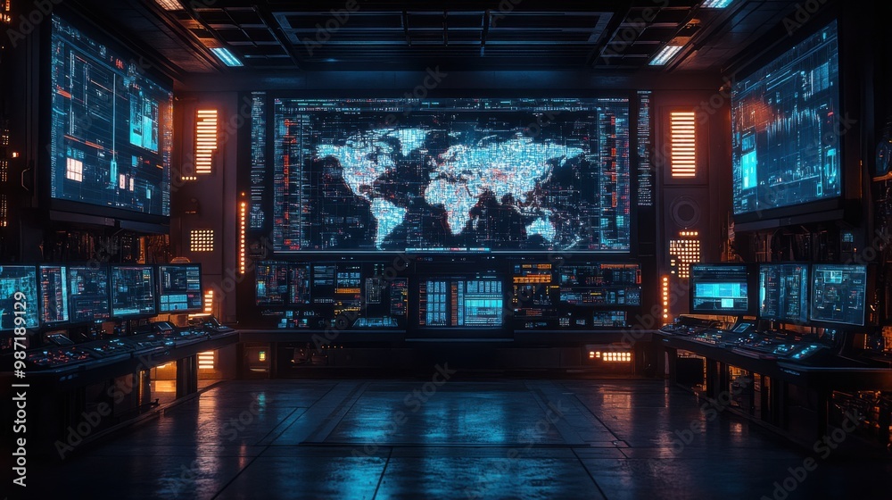 Futuristic Control Room with World Map Display