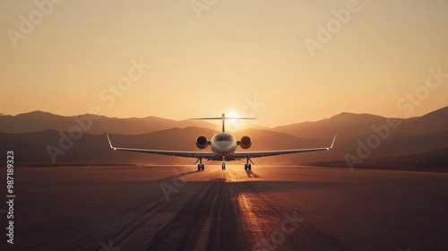 Fototapeta Naklejka Na Ścianę i Meble -  private jet at sunset on runway