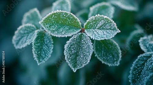 Hoarfrost on the leaves. Beautiful frozen plants. Natural winter texture. Macro nature. Grass with ice crystals on natural blurry bokeh background