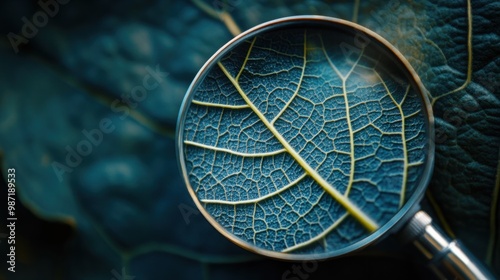 Magnifying glass revealing intricate details of a leaf veins, symbolizing detailed observation in nature studies. photo