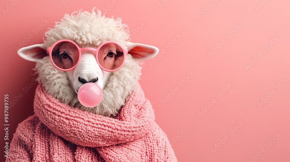 Sheep with sunglasses blowing bubble gum Sheep with sunglasses blowing bubble gum