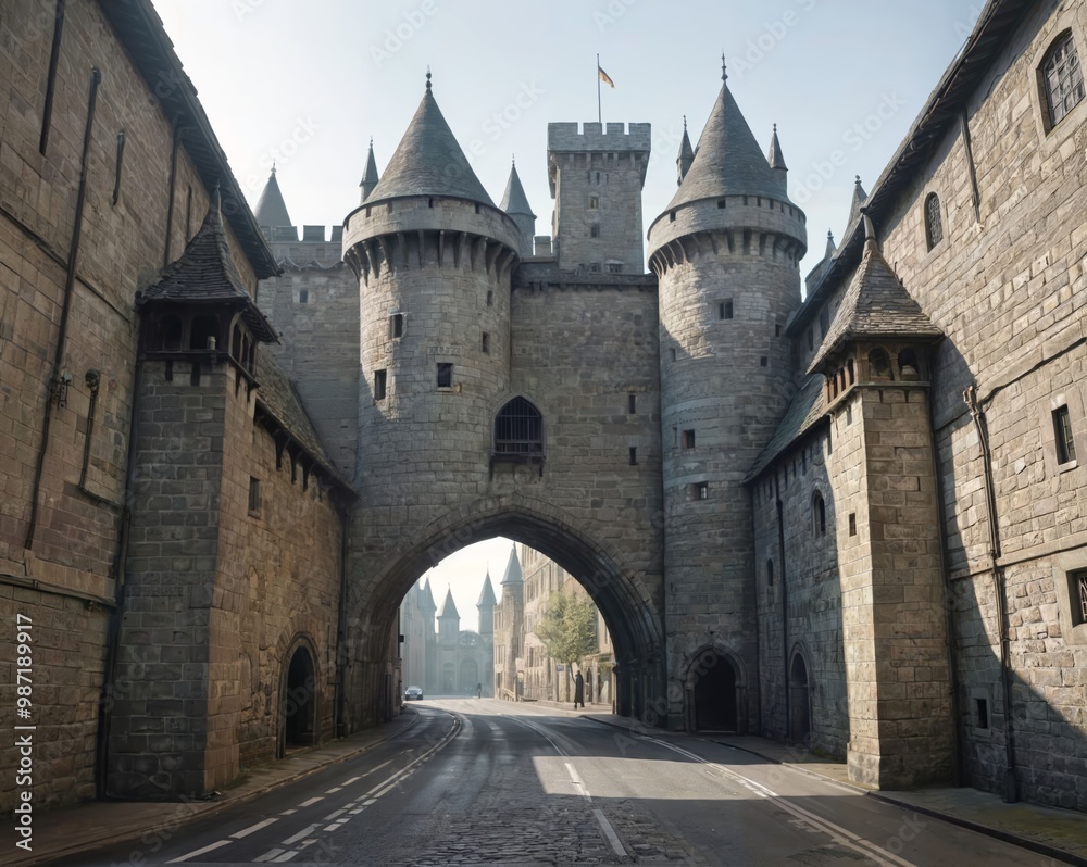 Medieval City Gate at Dawn: Half-Raised Portcullis and Silent Streets Medieval City Gate at Dawn: Half-Raised Portcullis and Silent Streets