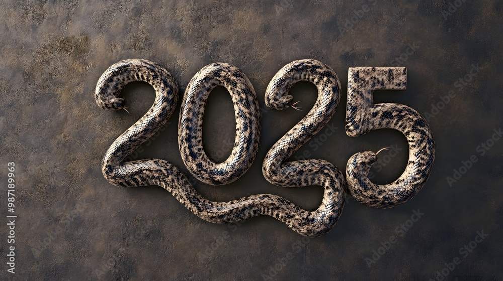 The year 2025 formed with a snake on a brown background. The year 2025 formed with a snake on a brown background.