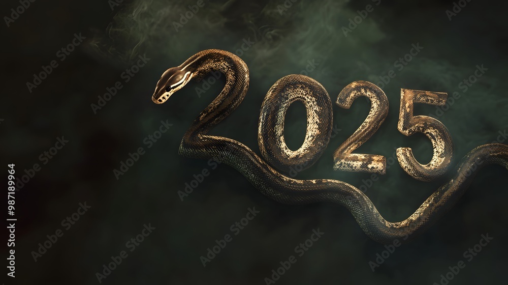 A snake forms the numbers 2025 against a smoky background. A snake forms the numbers 2025 against a smoky background.