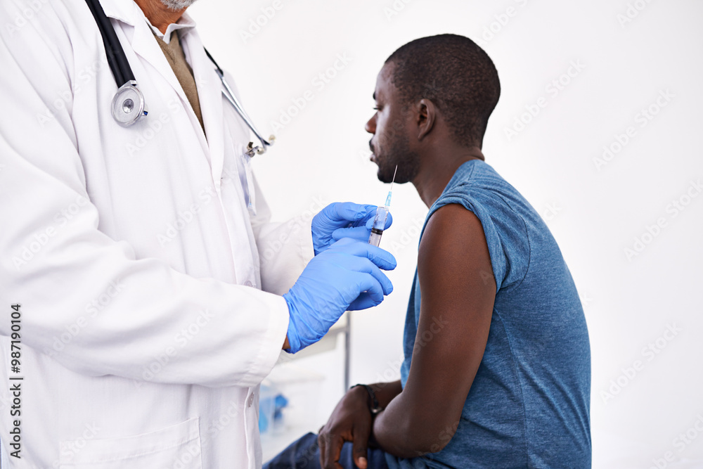 Doctor, injection and patient in hospital for vaccine, healthcare and medicine administration with antibiotics. Gp, needle and man in clinic for virus immunity, allergy and wellness with health shot Doctor, injection and patient in hospital for vaccine, healthcare and medicine administration with antibiotics. Gp, needle and man in clinic for virus immunity, allergy and wellness with health shot