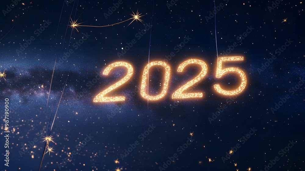 2025 in sparkly lights against a starry night sky. 2025 in sparkly lights against a starry night sky.