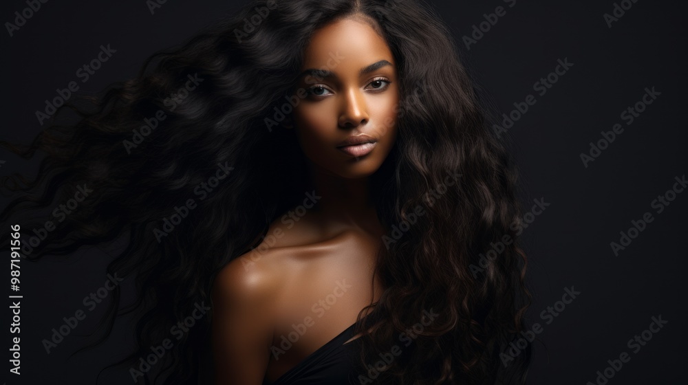 Beautiful black brunette fashion model with perfect hair on black background. Neural network ai generated art Beautiful black brunette fashion model with perfect hair on black background. Neural network ai generated art