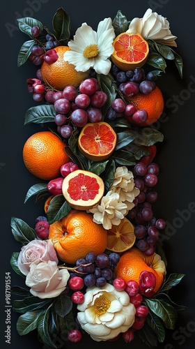 Vibrant Still Life: Oranges, Grapes, and Flowers