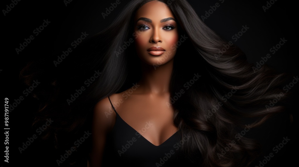 Beautiful black brunette fashion model with perfect hair on black background. Neural network ai generated art Beautiful black brunette fashion model with perfect hair on black background. Neural network ai generated art