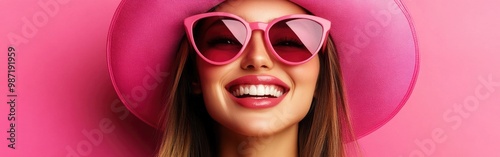 A stylish Asian woman is smiling joyfully, dressed in neon clothes and large sunglasses