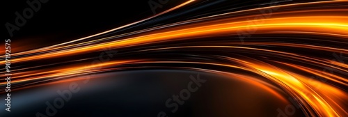 Black smooth abstract background with neon glowing orange lines. Vector futuristic banner design - Generative AI