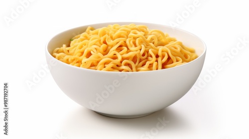 Isolated instant noodles in white bowl. Cooked instant noodles with vegetables in bowl isolated on white background. Neural network ai generated art