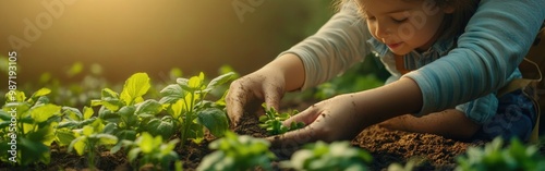 A mother and her child happily plant seeds together, nurturing their spring garden with love