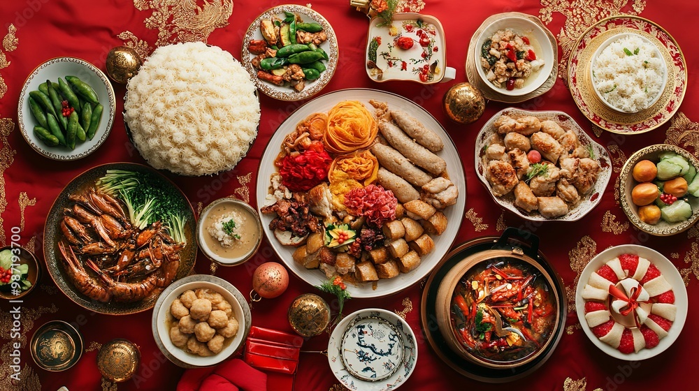 A lavish Chinese New Year feast with traditional dishes, set on a festive table decorated with red and gold accents. Ideal for depicting family gatherings and New Year celebrations.
A lavish Chinese New Year feast with traditional dishes, set on a festive table decorated with red and gold accents. Ideal for depicting family gatherings and New Year celebrations.