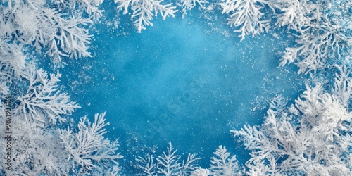 Delicate frost patterns frame a serene blue backdrop, evoking a peaceful winter vibe perfect for seasonal designs