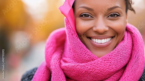 Empowered Reast Cancer Survivor wear Pink Scarf Smiling Brightly photo