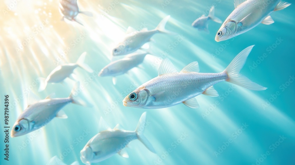 Fototapeta premium Underwater School of Silver Fish in Sunlit Waters
