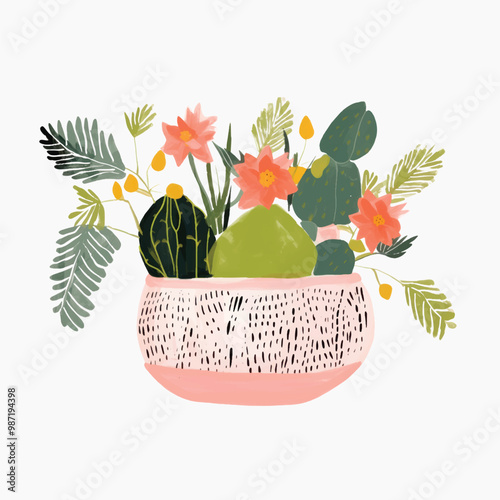 Colorful botanical illustration with cacti.