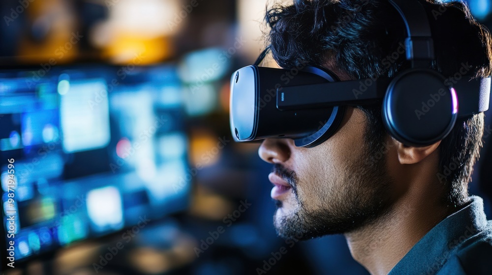 Close-up of a young man wearing a headset, deeply engaged in a virtual work presentation, looking at his computer screen. Close-up of a young man wearing a headset, deeply engaged in a virtual work presentation, looking at his computer screen.