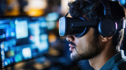 Close-up of a young man wearing a headset, deeply engaged in a virtual work presentation, looking at his computer screen.