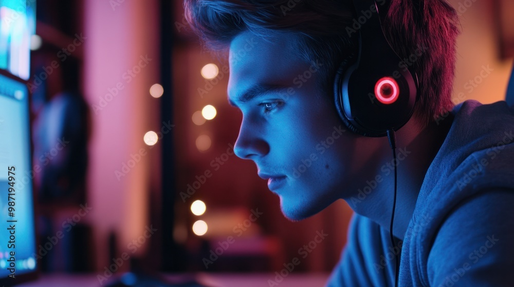 Close-up of a young man with a headset on, listening to music while taking a break from work at his desk. Close-up of a young man with a headset on, listening to music while taking a break from work at his desk.