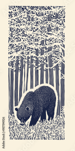 woodcut print of a bear in an enchanted forest, linocut style with simple lines, dark blue ink on light beige paper, portrait format, surrounded by dense foliage