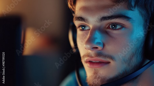 Close-up of a young man face wearing a headset, concentrating on an important conversation during a video call.