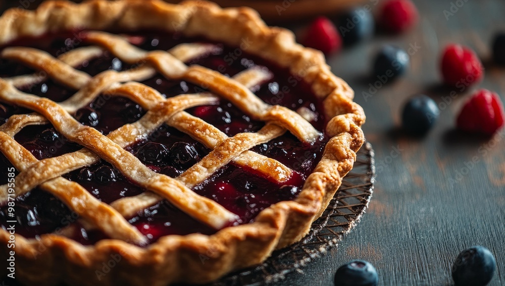 A blueberry pie with a lattice crust. A blueberry pie with a lattice crust.