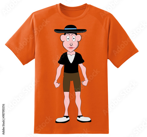 Orange short-sleeved t-shirt with a picture of a man wearing a wide-brimmed hat seen on the front