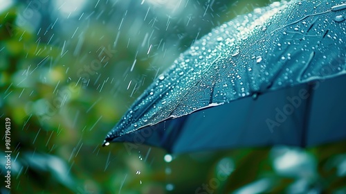 Nature's Symphony: Captivating Raindrops Dance on an Umbrella Amidst a Lush Green Oasis