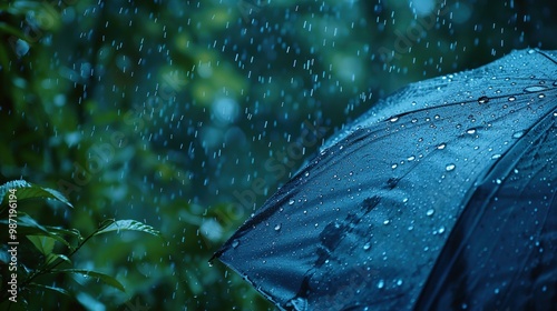 Nature's Symphony: Captivating Raindrops Dance on an Umbrella Amidst a Lush Green Oasis