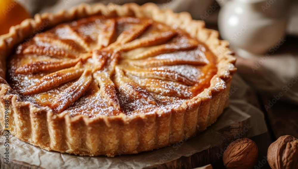 A golden crust pie with powdered sugar. A golden crust pie with powdered sugar.
