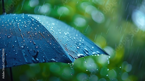 Nature's Symphony: Captivating Raindrops Dance on an Umbrella Amidst a Lush Green Oasis